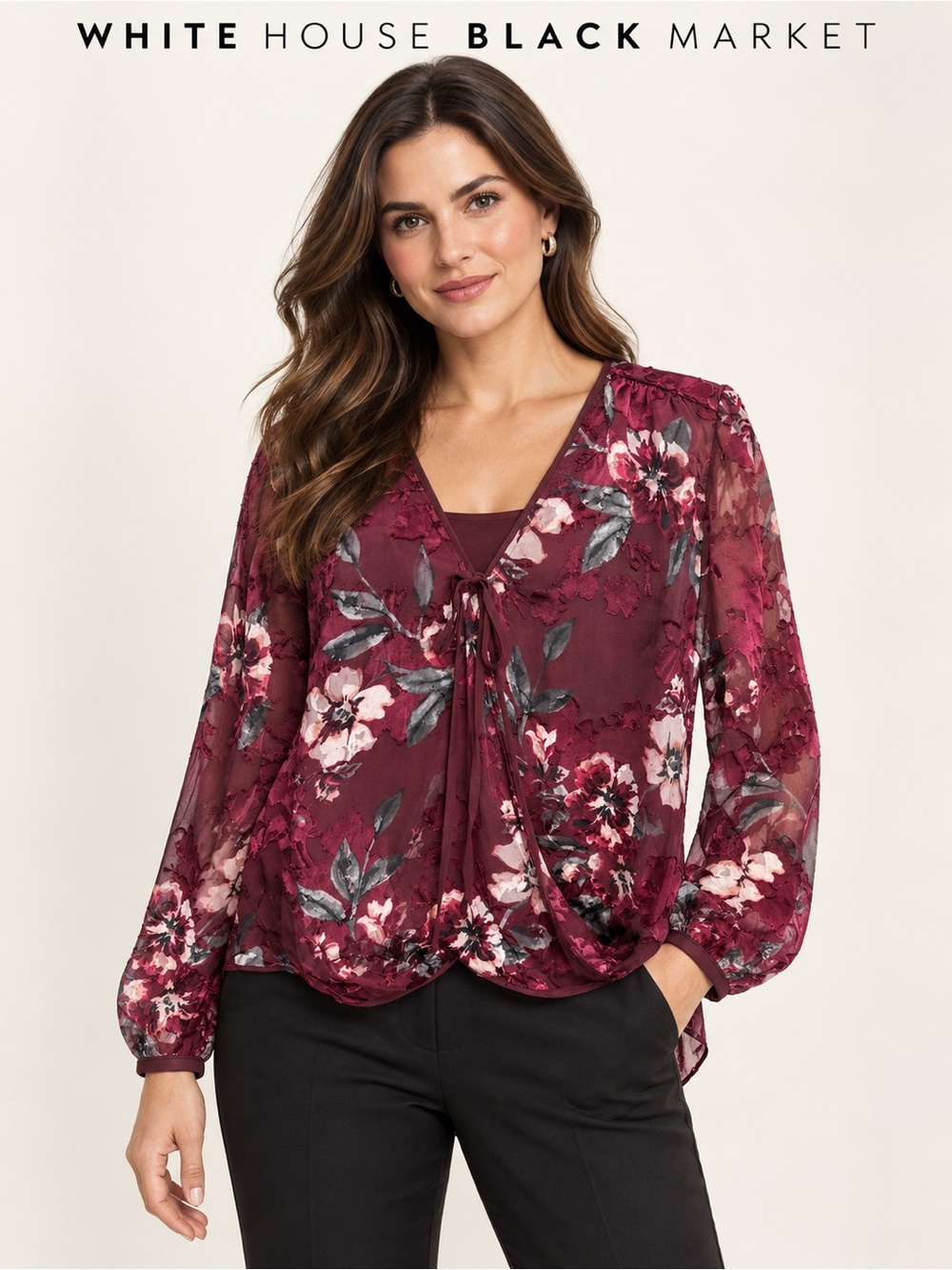 WHBM Burgundy Floral Burnout Faux Wrap Tie Blouse Top Sheer Long Sleeve 8